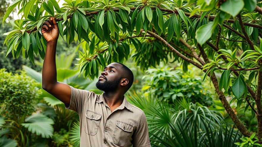 Black man picking cinnamon leaves, showcasing plant-based flavors in a lush garden.
