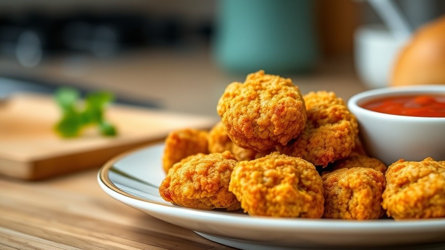Crispy jackfruit nuggets with rich sauce in a photorealistic kitchen setting.