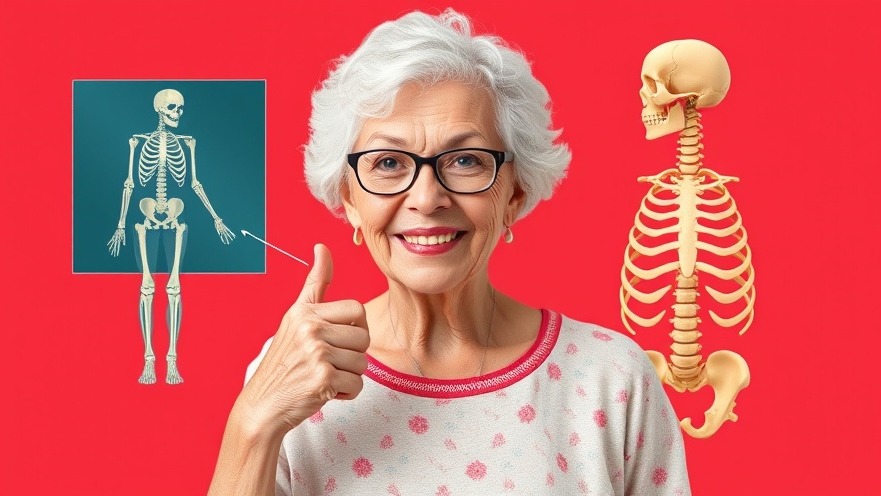Older woman highlighting bone health infographic for osteoporosis prevention.