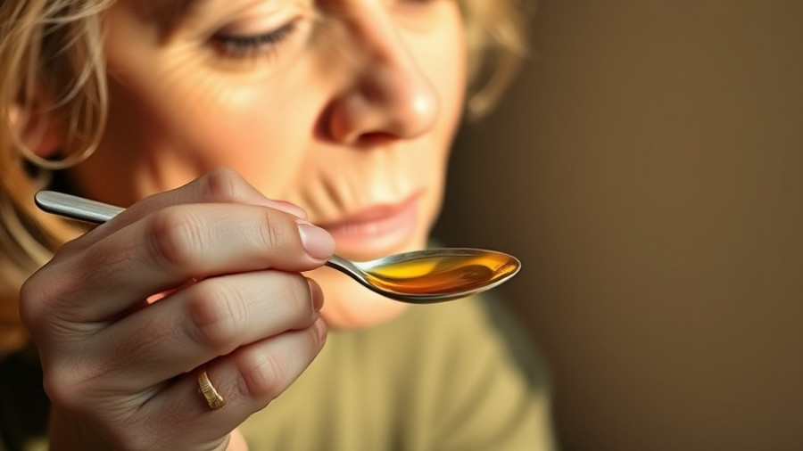 Thoughtful middle-aged woman curiously holding olive oil, warm gold tones.