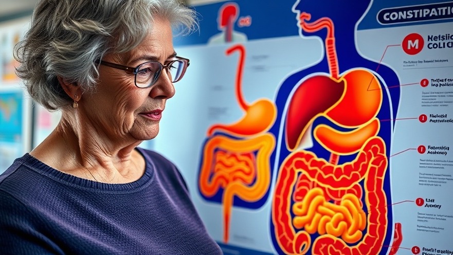 Senior woman studying a detailed digestive health illustration, focusing on constipation solutions.