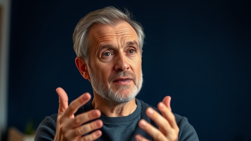 Middle-aged man explaining safe skin treatments and natural skin tag removal in a calm indoor setting.