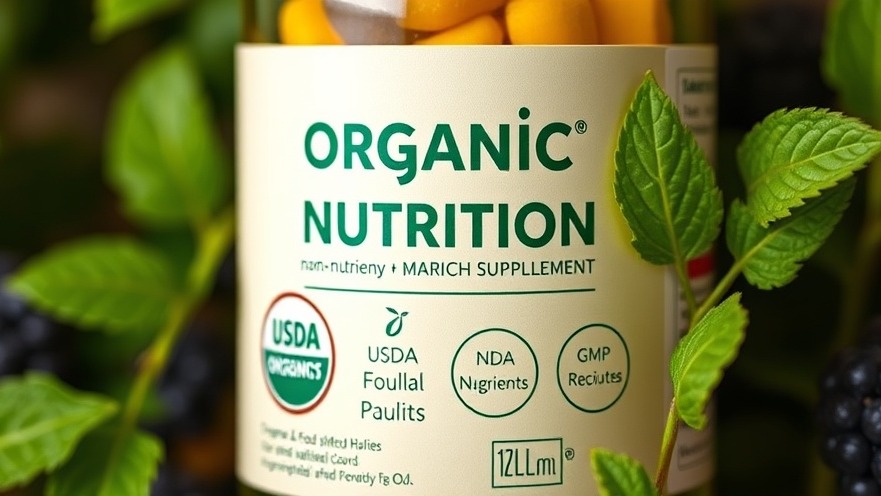 Macro view of organic nano nutrition supplement label with USDA and GMP certification.