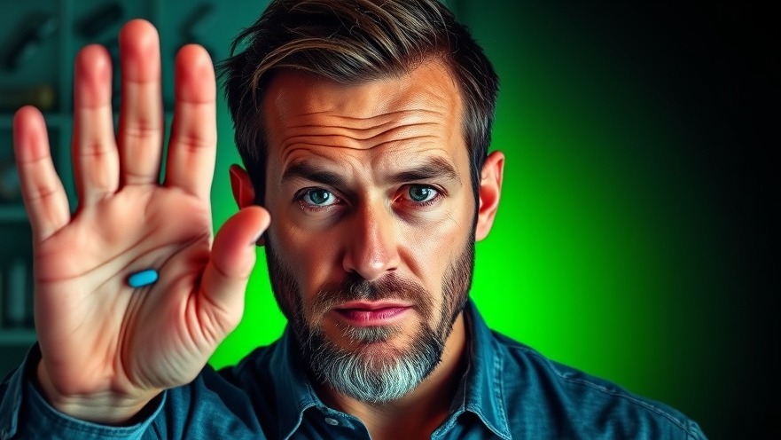 Man rejecting blue pill in vibrant green aura, symbolizing natural remedies for erectile dysfunction.