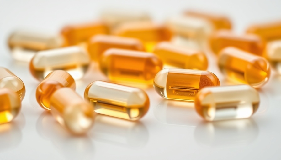 Vitamin D capsules close-up on reflective surface.