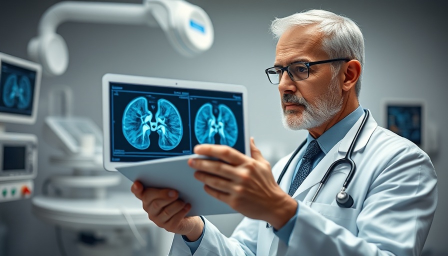 Doctor reviews kidney scan on tablet in a clinical setting.