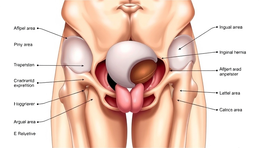 Medical diagram of inguinal hernia with labels, educational illustration.