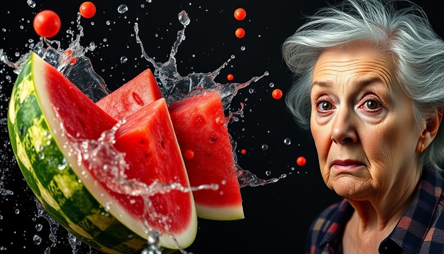 Healthy eating: Vibrant watermelon splash with cautionary text.