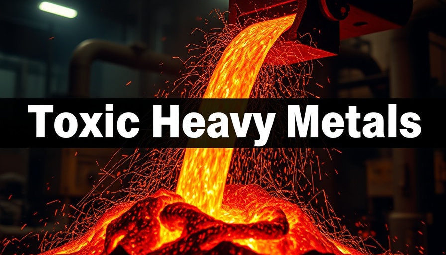 Molten metal with 'toxic heavy metals' text, industrial vibe.