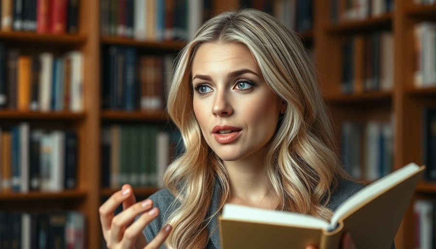 Blonde woman discussing hair mineral analysis for health, library backdrop.