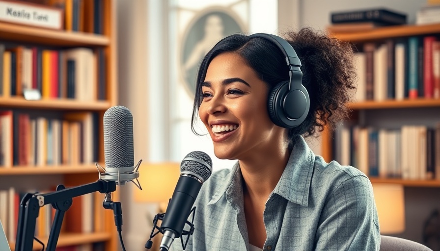 Smiling woman podcasting in a home office, overcoming hormonal imbalances discussion.