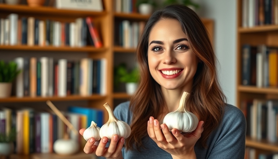 Smiling woman discusses detox foods, focusing on garlic.