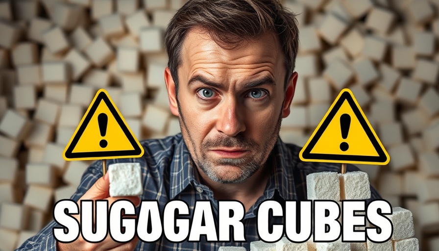 Effects of Sugar on the Brain warning image with man pointing at sugar and warning sign.