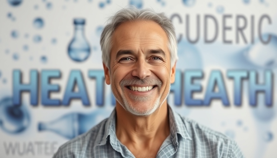 Middle-aged man with water molecule background, promoting fifth phase of water.