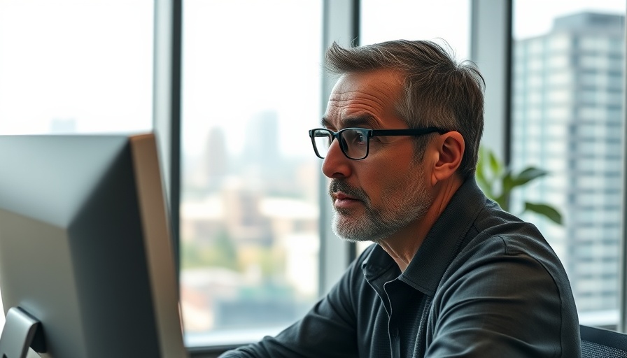 Middle-aged man showing concern in office setting, related to iodine deficiency and aging.