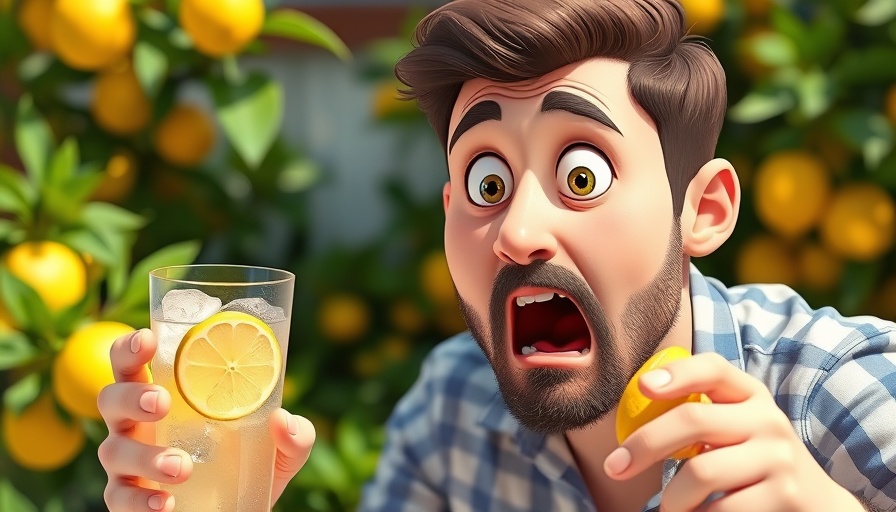 Animated surprised man pointing at lemon water; health benefits scene.
