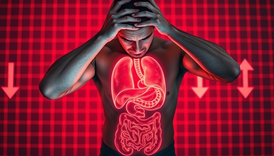 Gut health and depression concept with frustrated man and glowing gut.