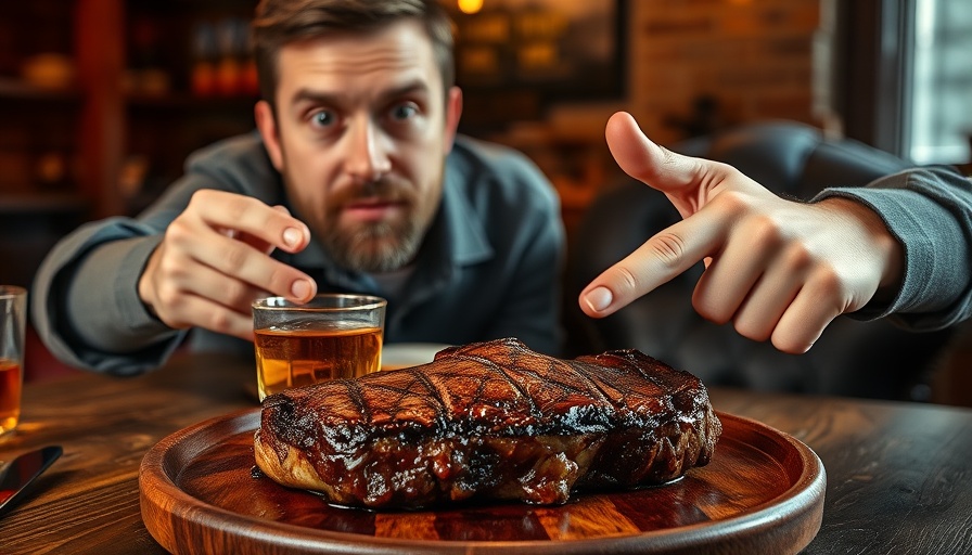Health Hacks for Instant Relief: Surprised man with steak and whiskey.