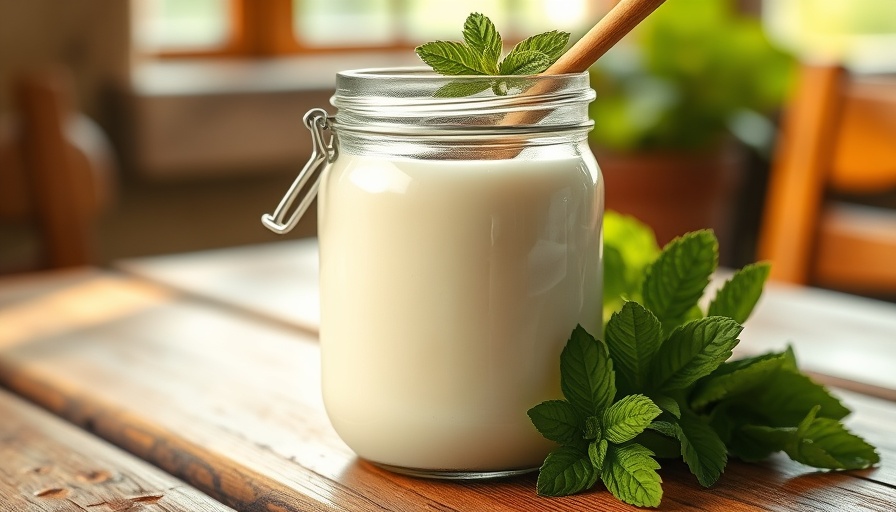 Rustic kefir jar with spoon and mint leaves on wooden table.