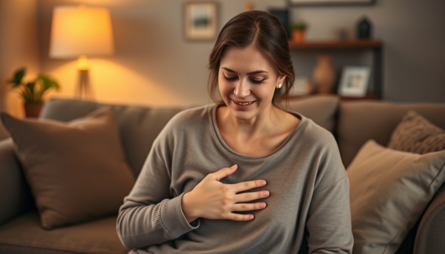 Woman relieved from stomach issues in cozy living room.