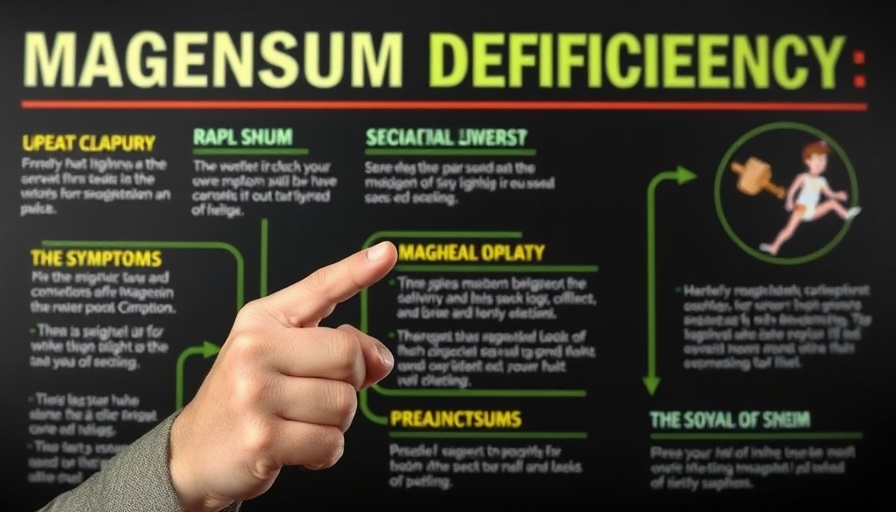 Infographic illustrating symptoms of magnesium deficiency with a pointing man