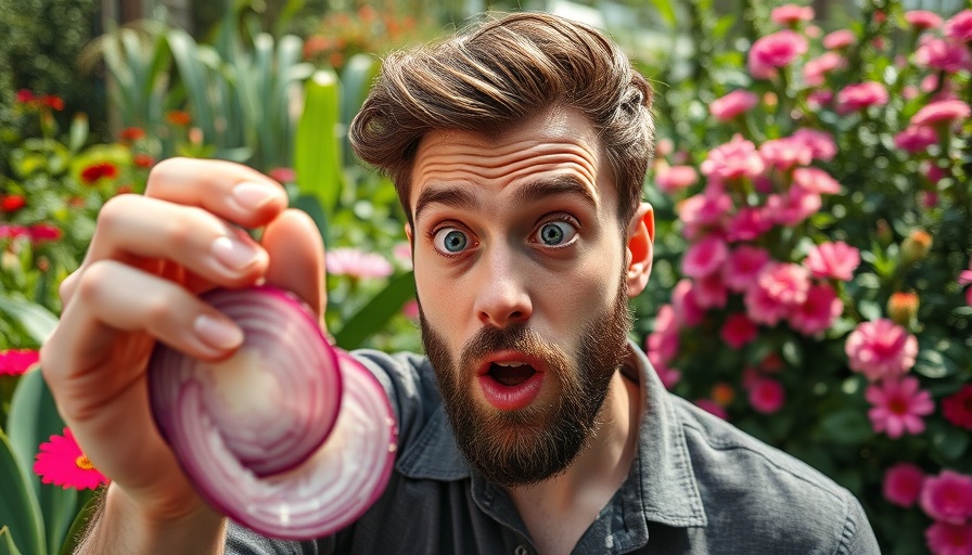 Surprised man with onion slices for extreme hair growth in garden setting.
