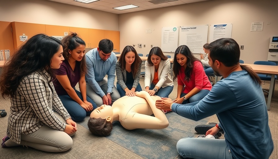 Diverse group practicing CPR on mannequin, improving bystander CPR survival rates.