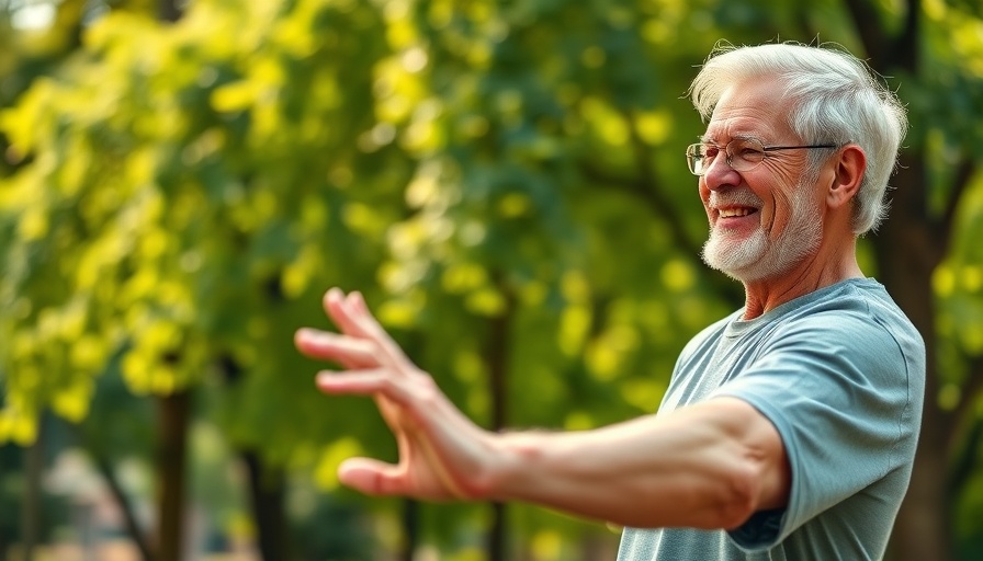 Energetic older man starting healthy habits with stretching exercises.