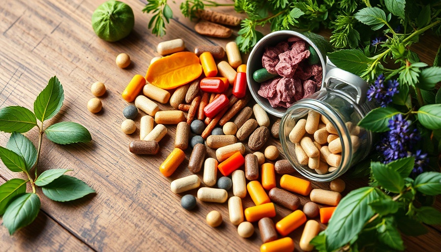 Colorful plant-based supplements for thyroid health on a wooden table.