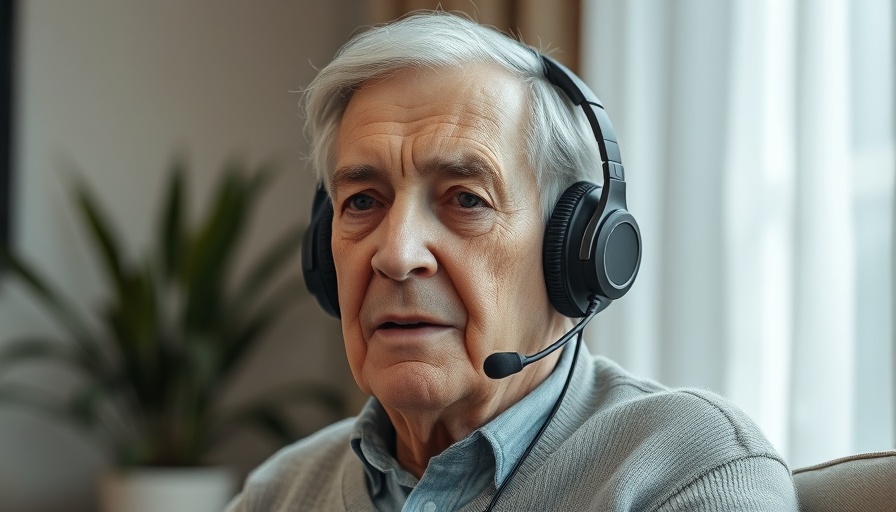 Elderly person with headphones discussing water health benefits indoors