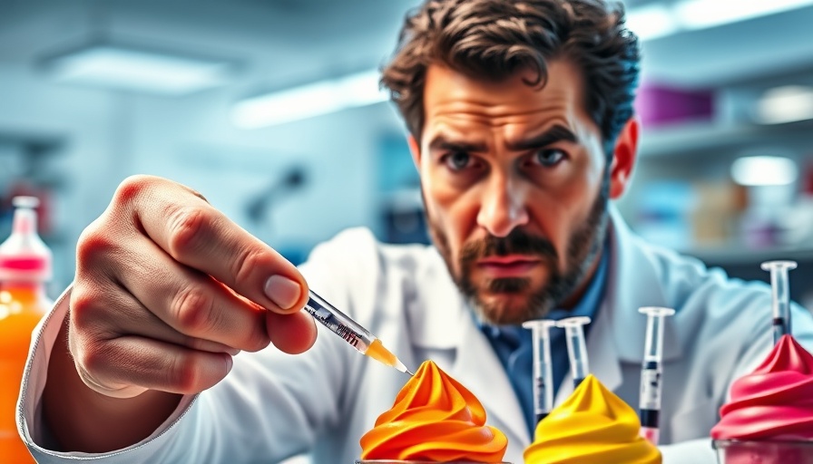 Toxic drugs and food dyes in colorful ice creams with concerned individual.