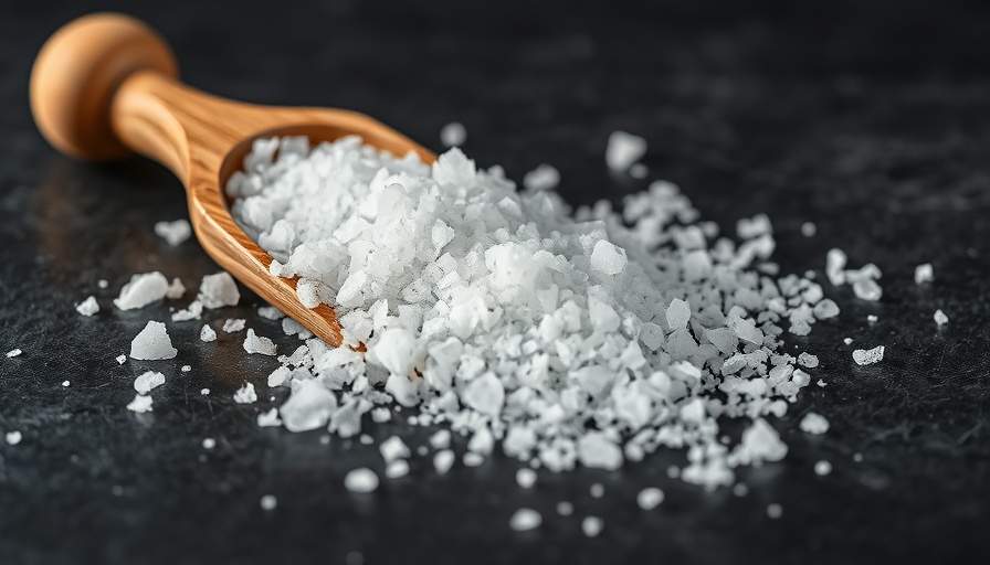 Potassium chloride salt substitute spilling from wooden scoop on slate.