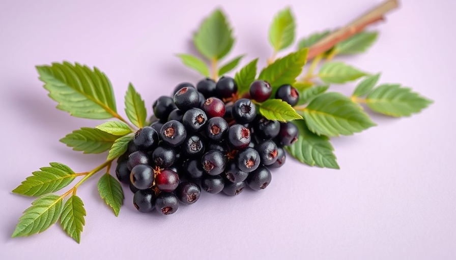 Elderberries and green leaves on lavender backdrop for colds and flu.