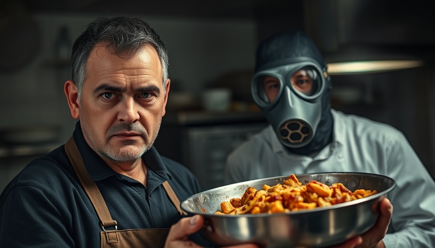 The Biggest Lie About Carbs concept with gas mask and pixelated dish.