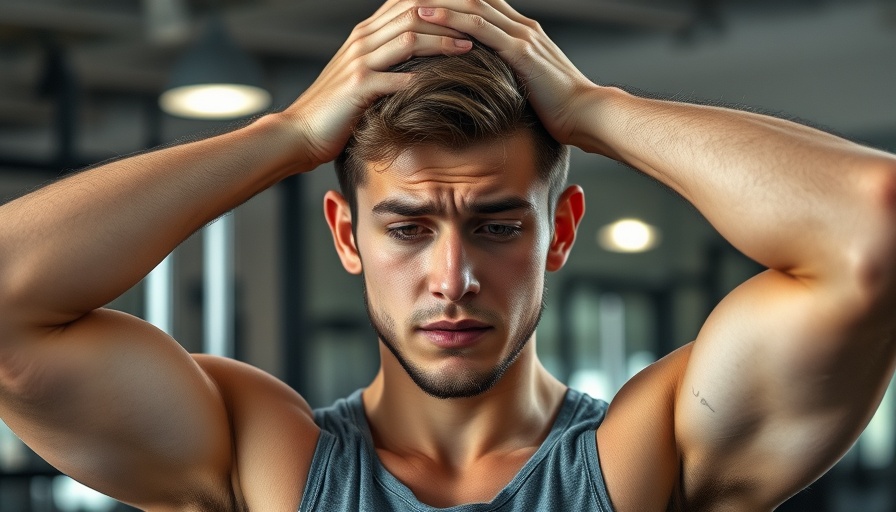 Stressed man holding head, exercise-induced headaches in gym.