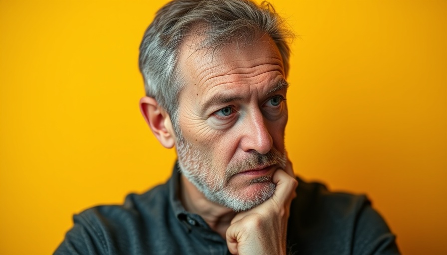 Bold yellow background with text 'How to Heal Eczema Fast with 7 Biohacks' and a thoughtful man pondering.