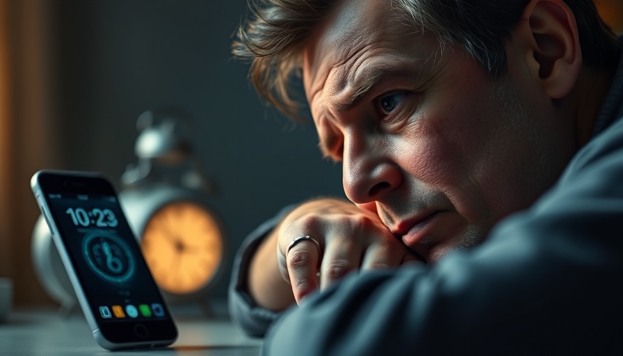 Exhausted man checking alarm, feeling tired.