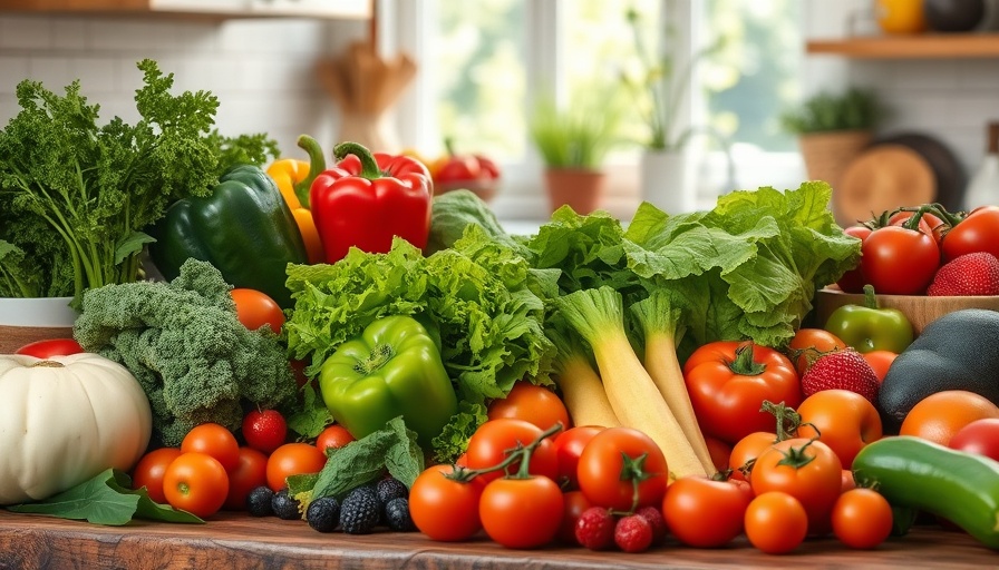 Colorful display of fruits and vegetables in a kitchen, emphasizing health quizzes and plant-based diet.