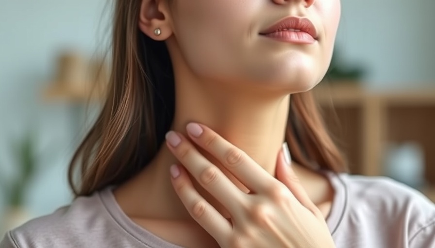 Young woman touching throat, symbolizing plant-based diets and thyroid health awareness.