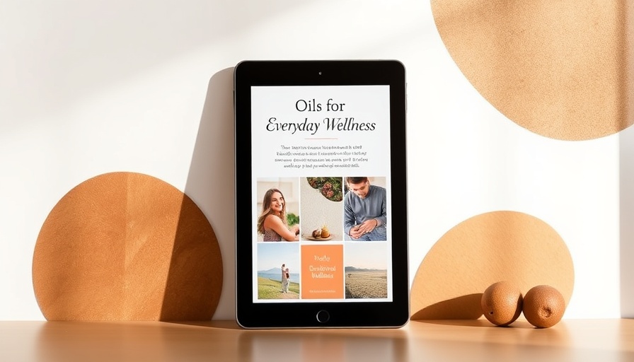 Tablet showing 'Oils for Everyday Wellness' guide with oil images.