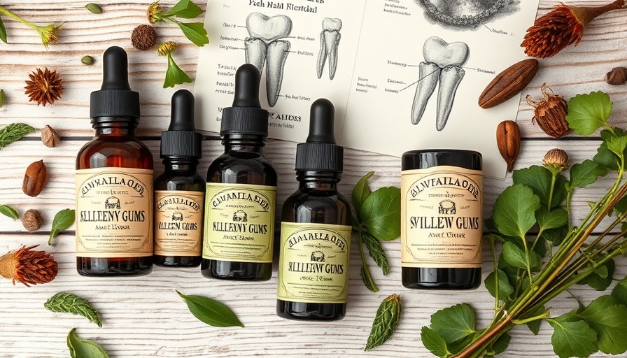 Essential oils for swollen gums with dental tools and herbs in a flat lay.