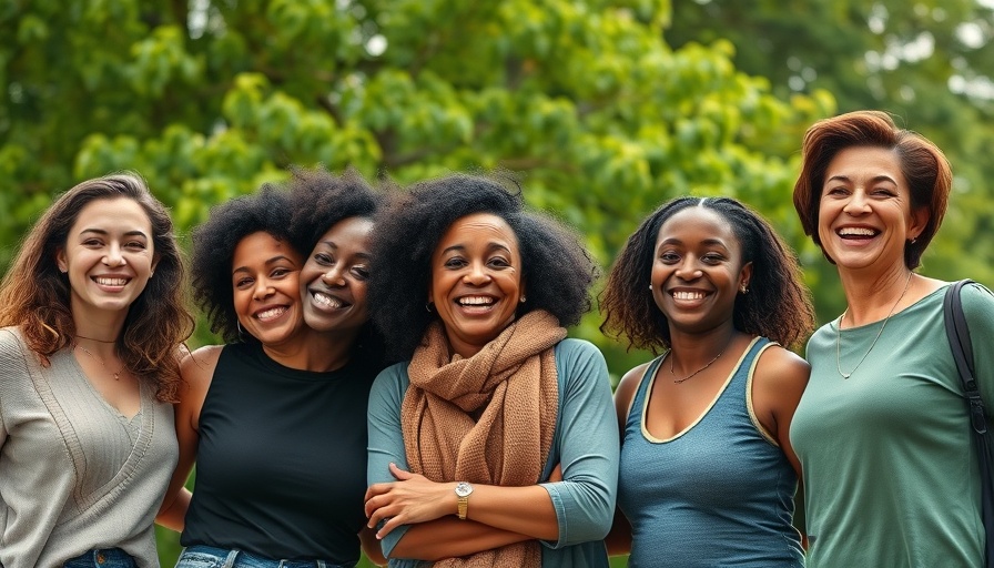 Diverse group of smiling women outdoors embracing.