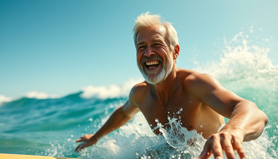 Energized older man surfing to optimize testosterone levels naturally.