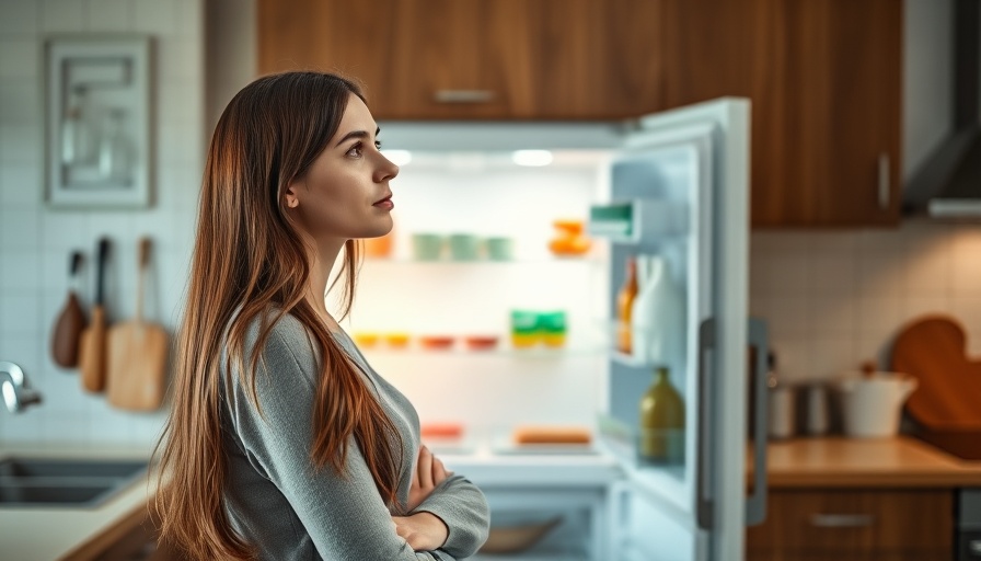 Woman in front of fridge, implying feeling hungry all the time.