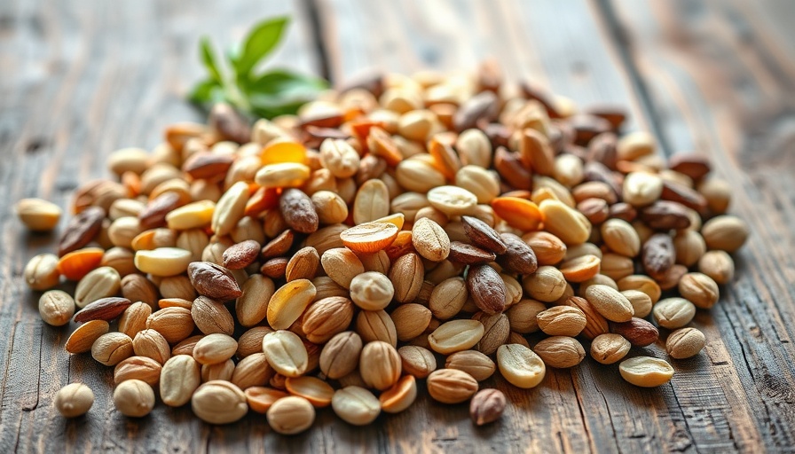 Omega-6 Linoleic Acid sources like nuts and seeds arranged on a table.