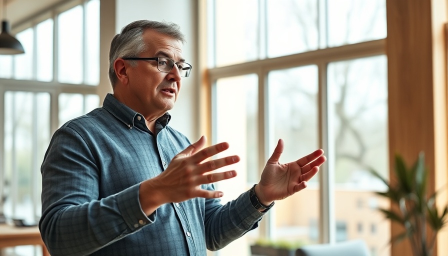Confident man discussing in a bright room, modern home.