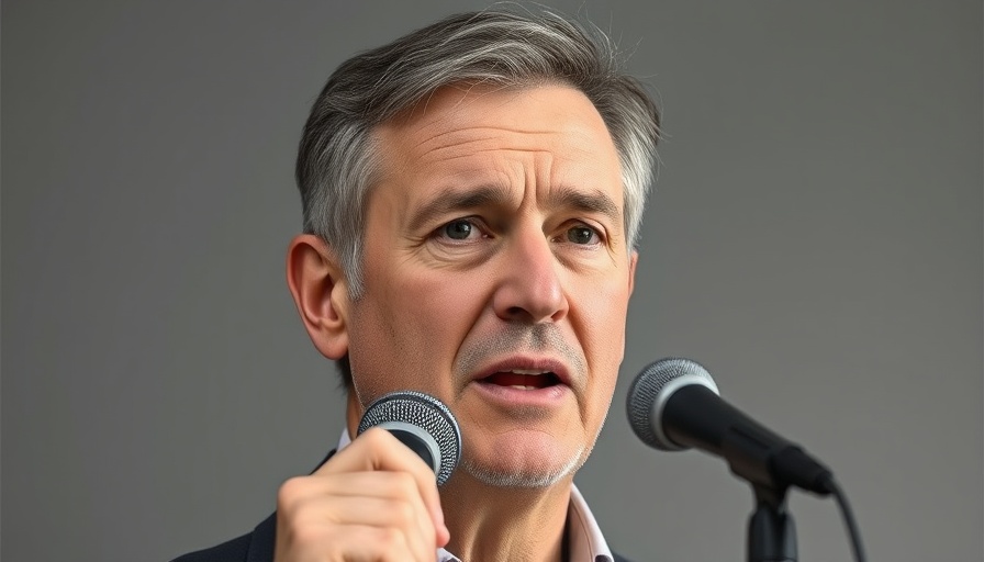 Never put this on your face: serious man speaking into microphone.