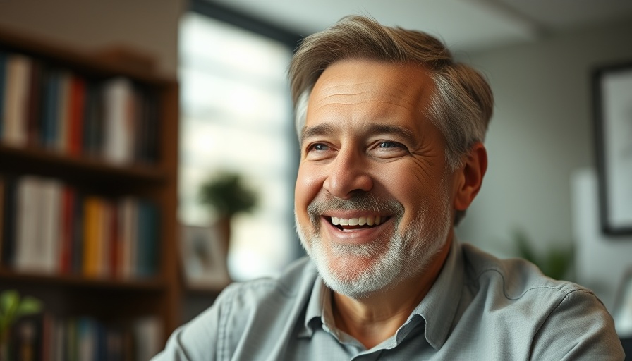 Middle-aged man discussing detoxification system in office setting.