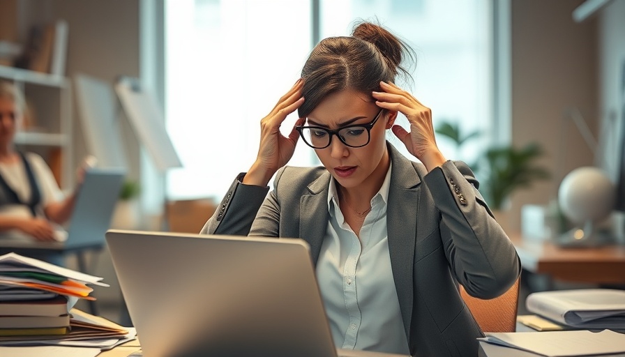 Stressed woman in office symbolizing effects of overwork on brain health.