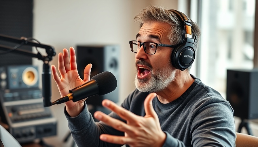 Middle-aged man speaking energetically on a podcast in a modern studio.